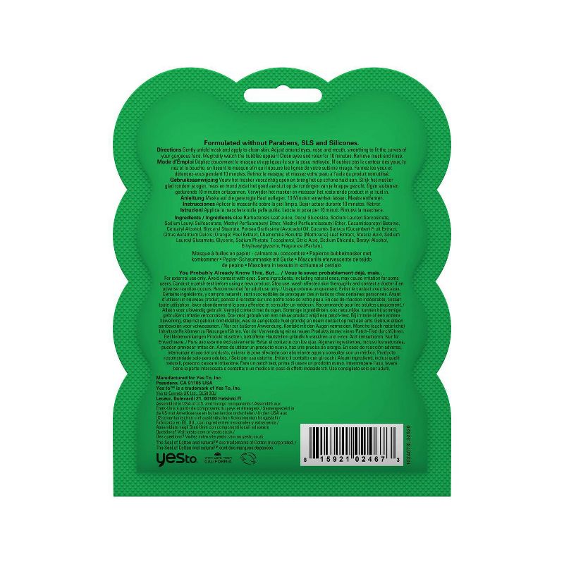 Yes To Cucumbers Calming Bubbling Paper Single Use Face Mask - 0.67 fl oz
