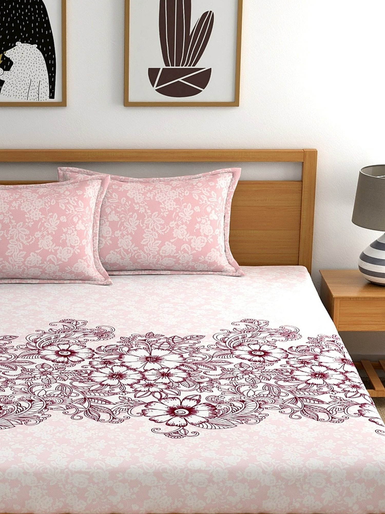 My Room Floral Light Pink 140 TC Cotton Queen Bed Sheet with 2 Pillow Covers