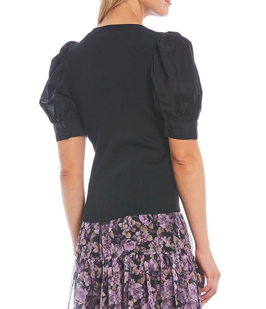 Lucy Paris Alaska V-Neck Puff Sleeve Mixed Media Top