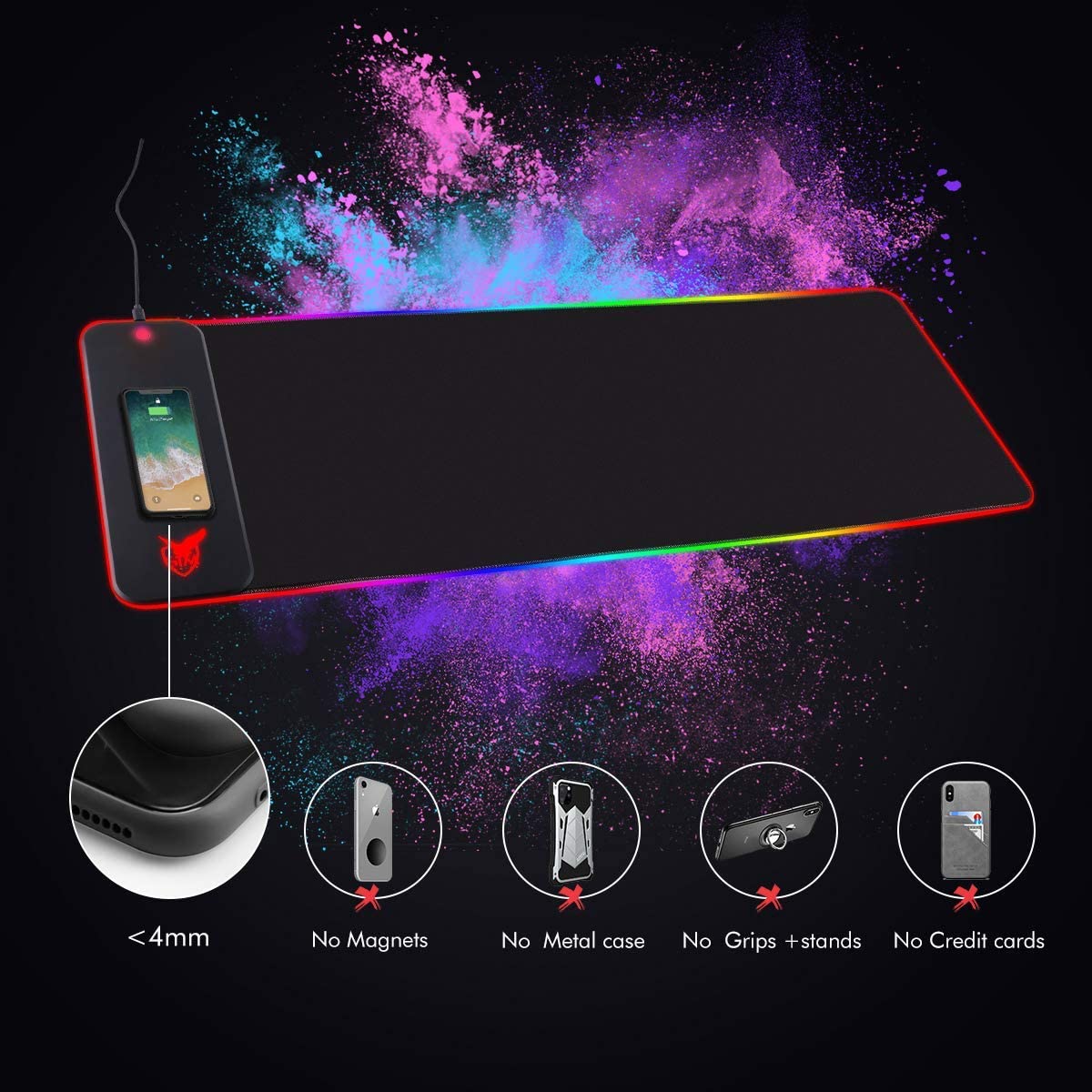 Wireless Charger Extended RGB Mouse Pad, Non-Slip Rubber Base 10 Lighting Modes 4mm Ultra Thick for Samsung Galaxy S10/S9/S8 Plus Note 9/8 iPhone 8/X/XR/XS/11/11 Pro