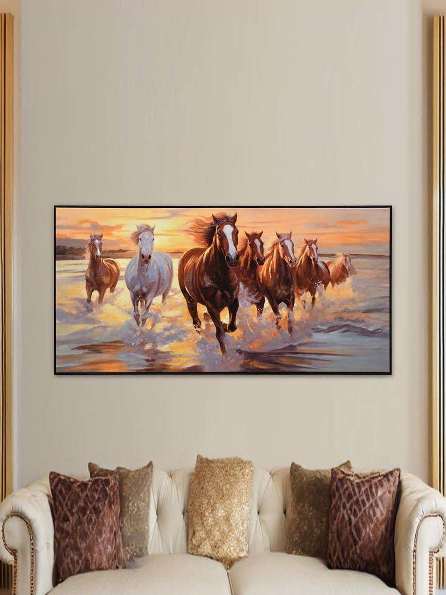 @home Brown Canvas Seven Horses On Water Wall Painting