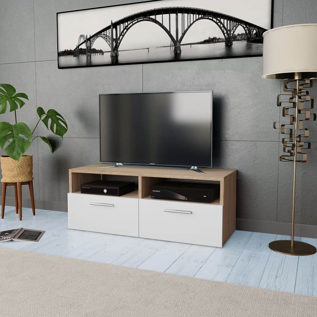 vidaXL TV Cabinet Chipboard Color Oak and White Lowboard Sideboard Storage