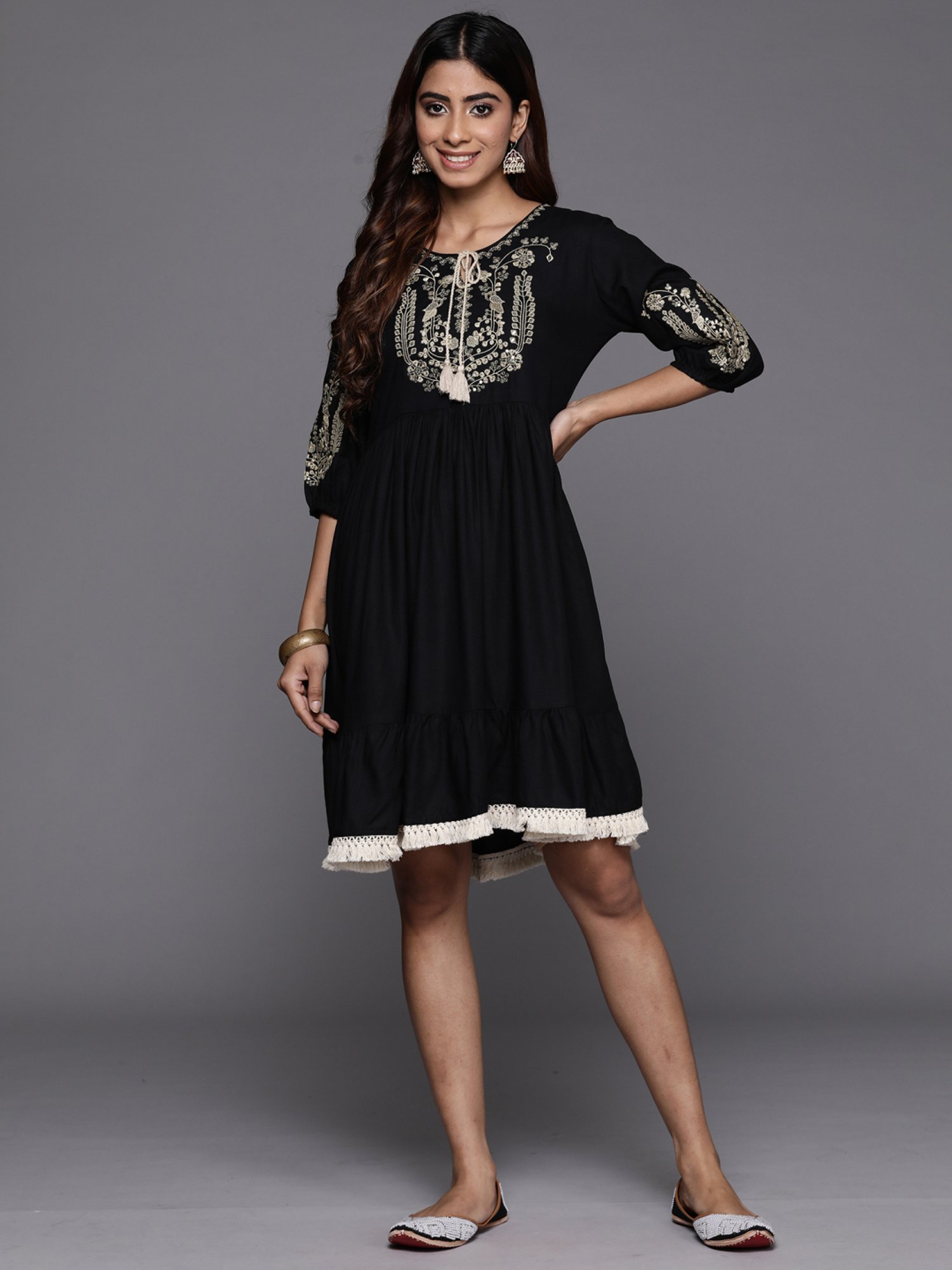 Indo Era Black Embroidered A-Line Dress