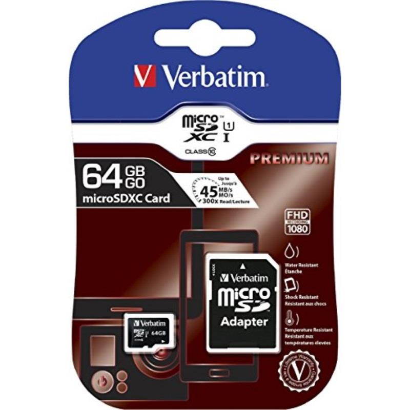 Verbatim 64GB Premium microSDXC Memory Card with Adapter, UHS-I V10 U1 Class 10