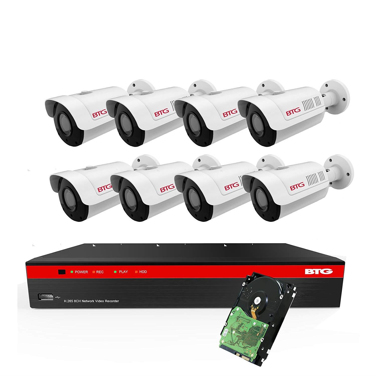 BTG 8CH 5MP PoE Security Camera System Built-in PoE 8MP 4K NVR with Outdoor 5MP Surveillance IP PoE 8 x Dome Cameras HD 2592 x 1944 IR CCTV System H265 2TB HDD