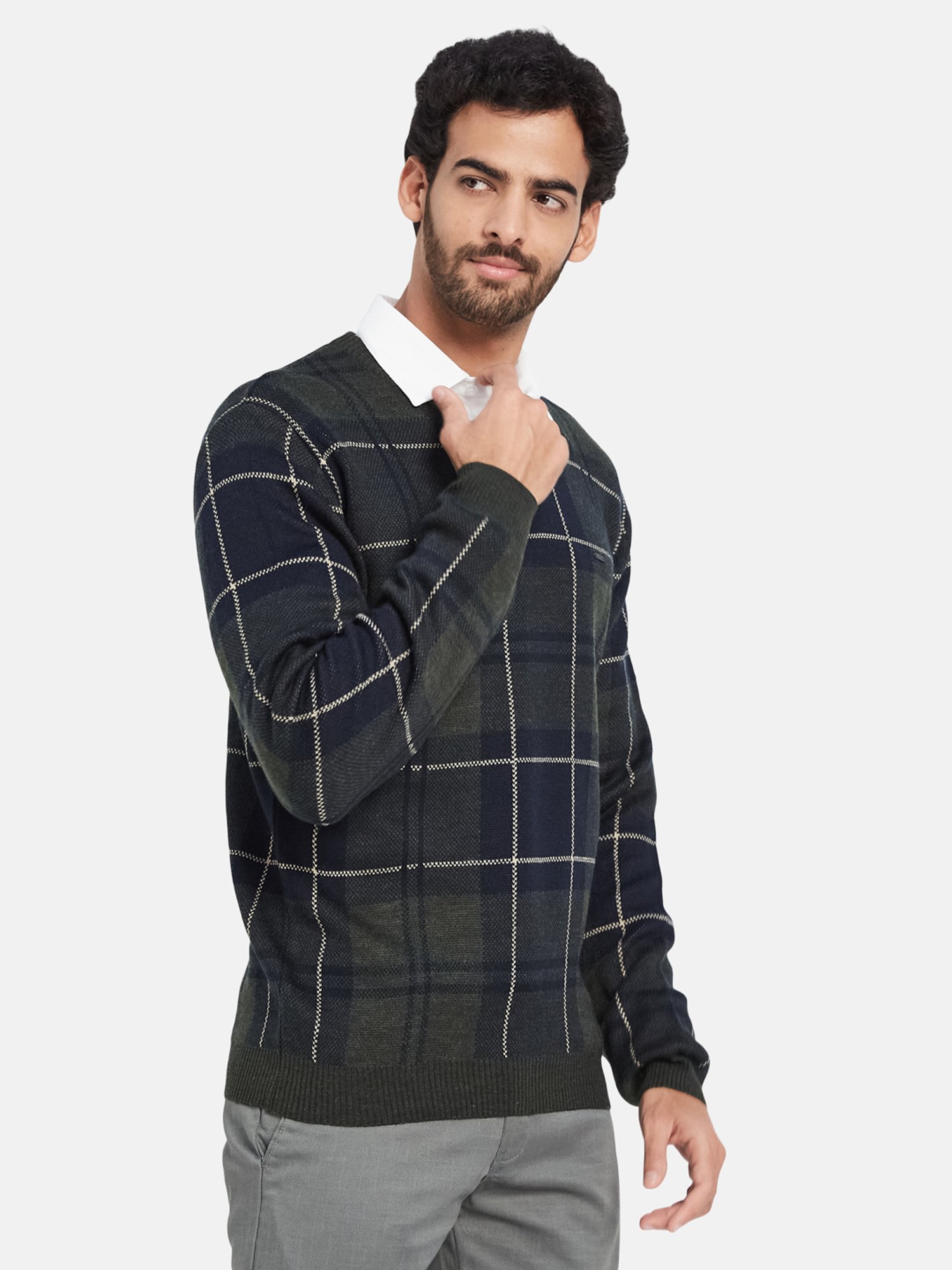 METTLE Olive Melange Regular Fit Check V Neck Sweater