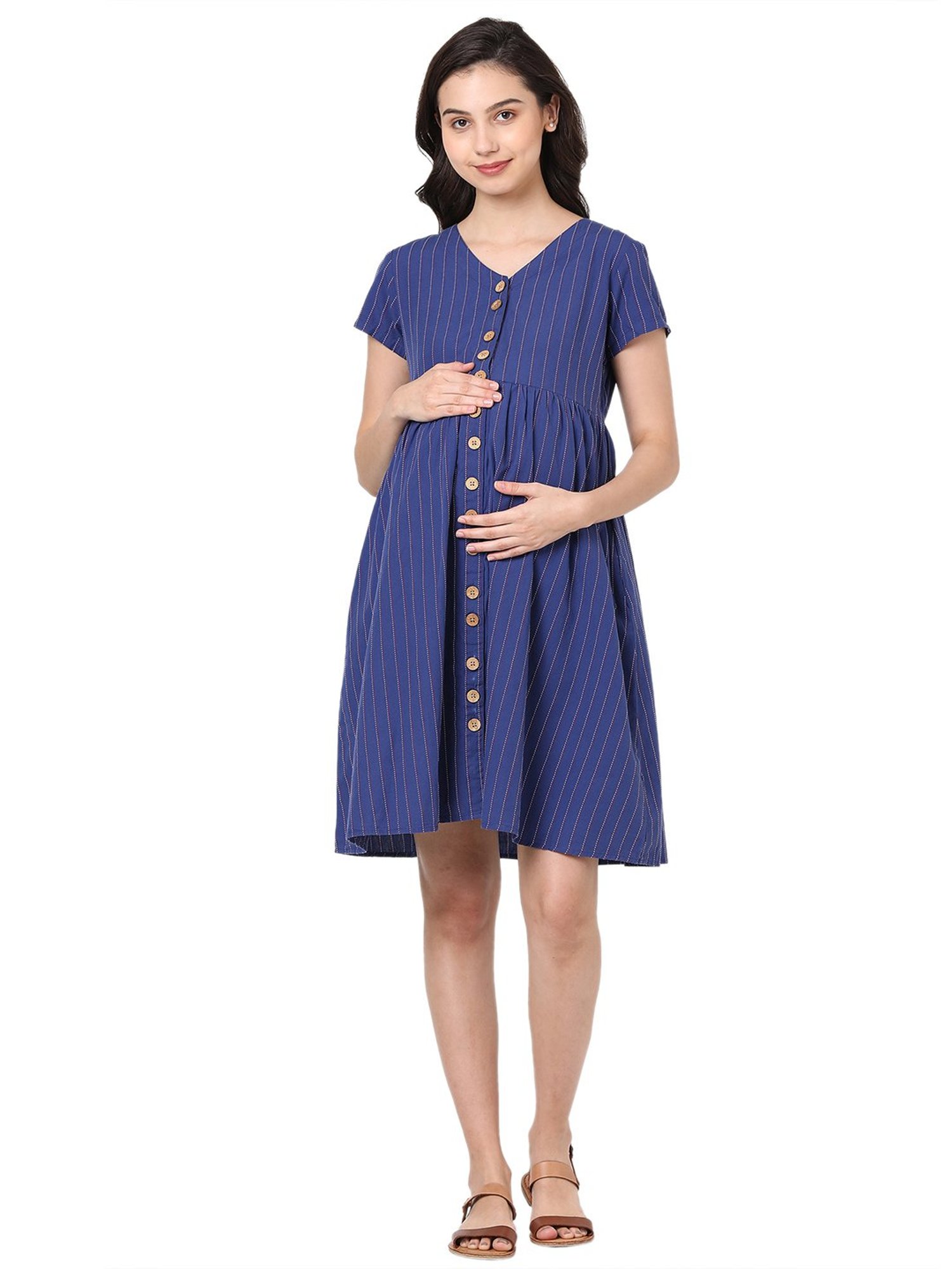 Mystere Paris Navy Striped Maternity Dress