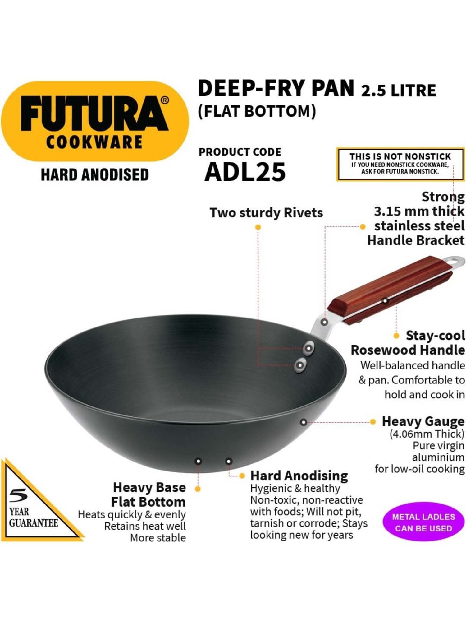 Hawkins Black Hard Anodised 26.7 cm Non-Toxic Dal Fry Pan (2.5 L) - Set of 1