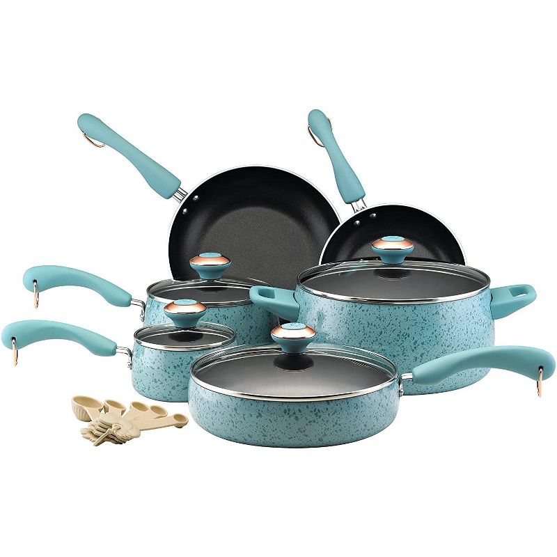 Paula Deen 12513 Signature Nonstick Cookware Pots and Pans Set, 15 Piece, Aqua Speckle