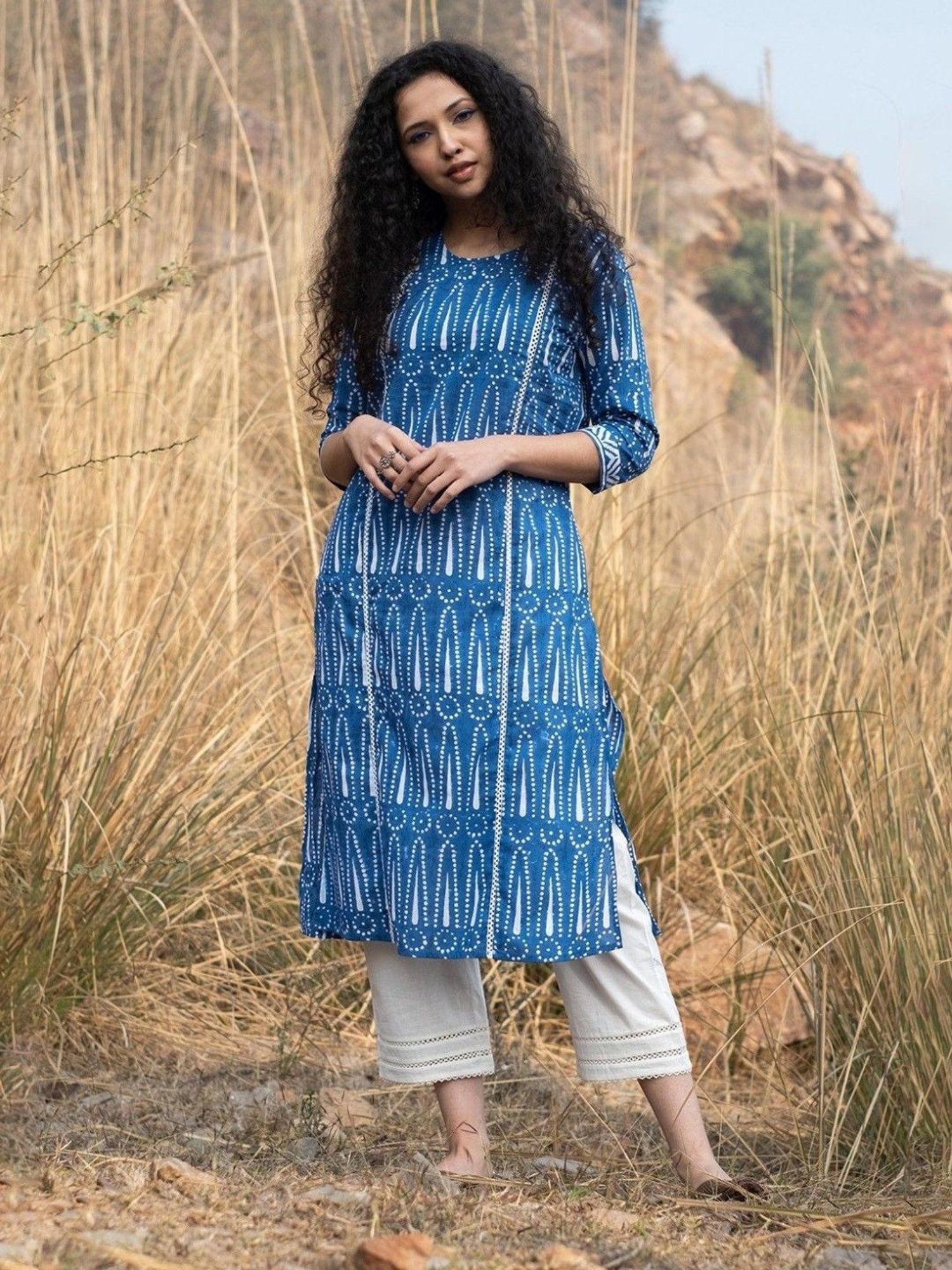 Akiso Neela Indigo Block Printed Summer Kurta With Lace Detail