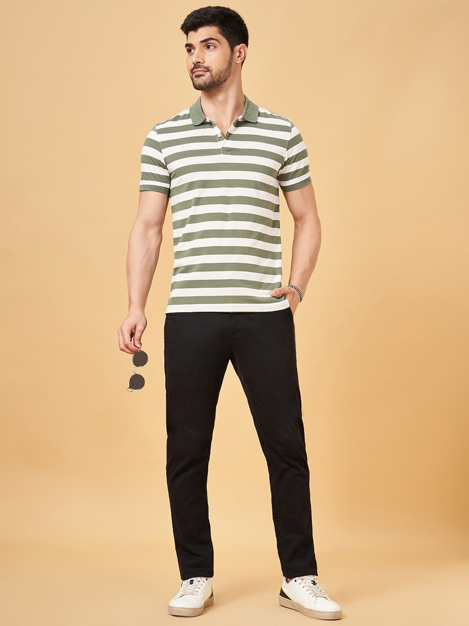 Byford By Pantaloons Olive Slim Fit Striped Polo T-Shirt