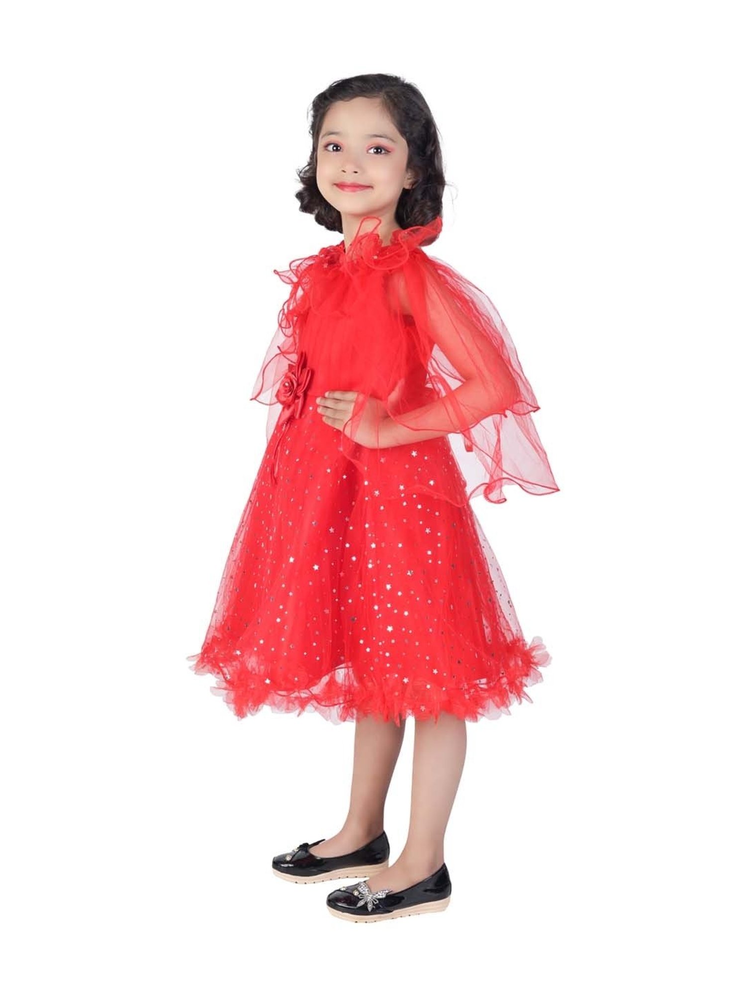 Ahhaaaa Kids Red Cotton Sequence Dress
