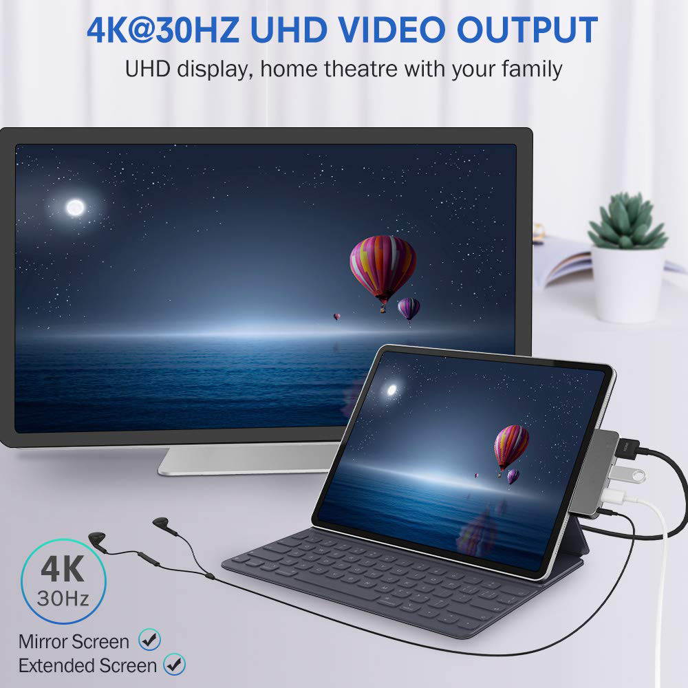 Jansicotek USB C Hub, 4 in 1 Type C Hub Adapter with 1 USB 3.0 Port, 3.5mm Headphone Jack, PD Charging and 4k HDMI, for iPad Pro 11"/12.9" 2018 & MacBook Pro and Other Type C Devices, Silver