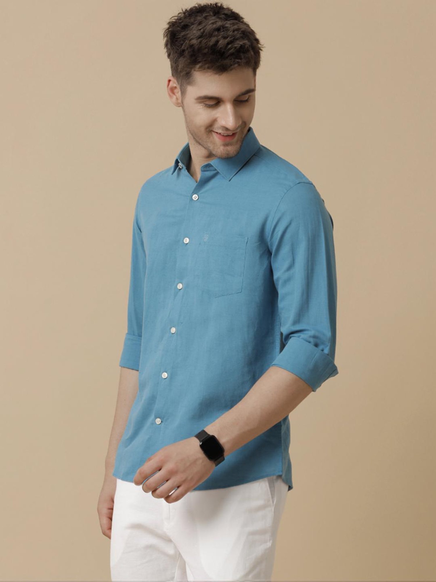 Linen Club Blue Linen Contemporary Fit Shirt