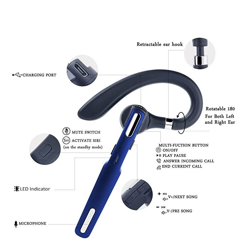 Bluetooth Headset V42 Wireless Bluetooth Earpiece HandsFree Earphones with Noise Cancellation Mic for DrivingBusinessOfficeHome Compatible with iPhone and Android Cell Phones