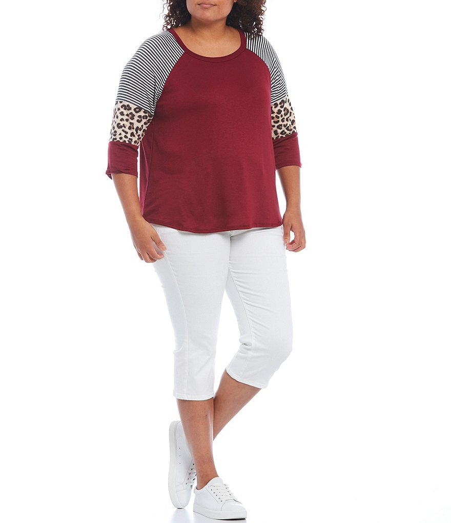 Moa Moa Plus Size Colorblock Round Neck Printed Raglan 3/4 Sleeve Top