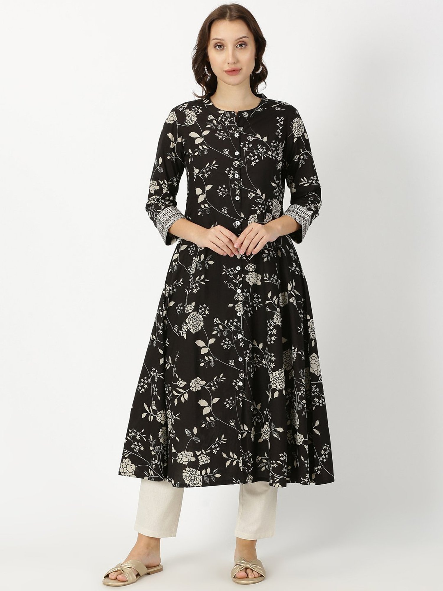 Saffron Threads Black Floral Print A Line Kurta