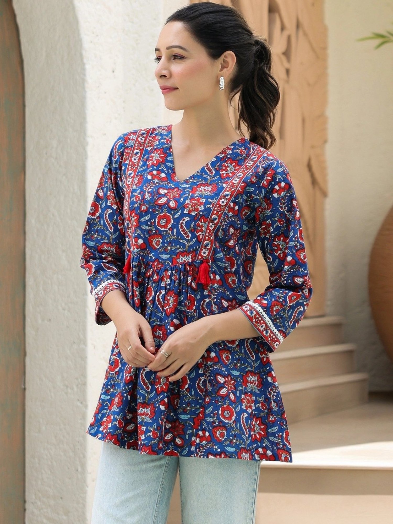 Rain and Rainbow Blue Cotton Floral Print Top