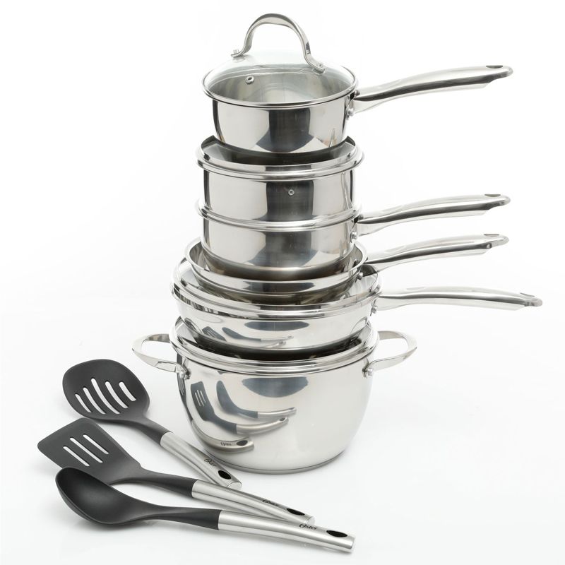 Oster Ridgewell 13 piece Stainless Steel  Belly Shape Cookware Set in Silver Mirror Polish with Hollow Handle