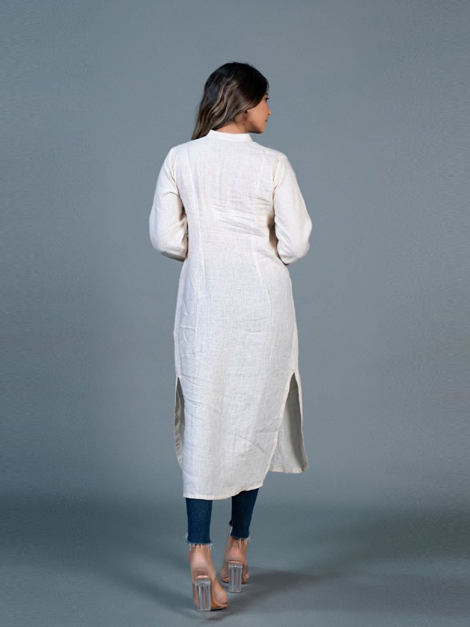 Eeshva India Beige Jabha Style Linen Kurta