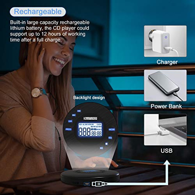 Portable CD Player with Headphones, Anti-Skip CD Players for Home Rechargeable with LCD Display, CD Player portable for car with 3.5mm AUX Cable, Anti-Shock Lightweight CD Player Sports with Carry Bag