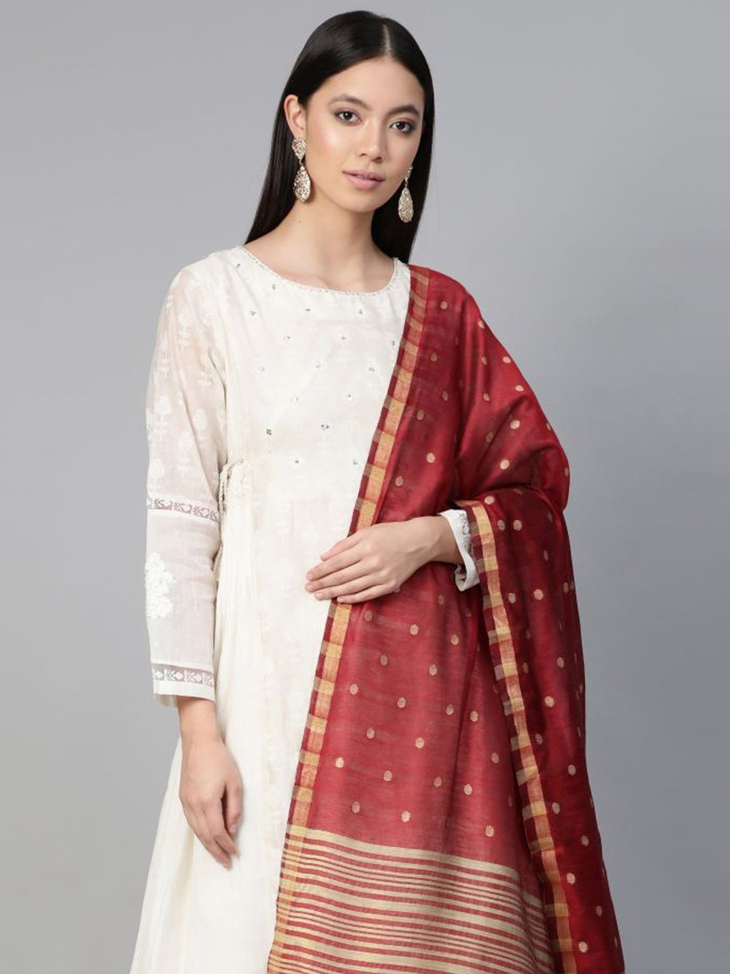 Indo Era Maroon Woven Design Dupatta