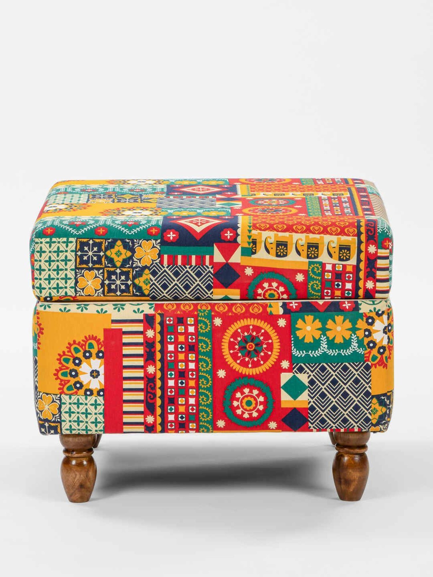 Chumbak Swirls Printed Red Sheesham Wood Modern Trunk Storage Ottoman