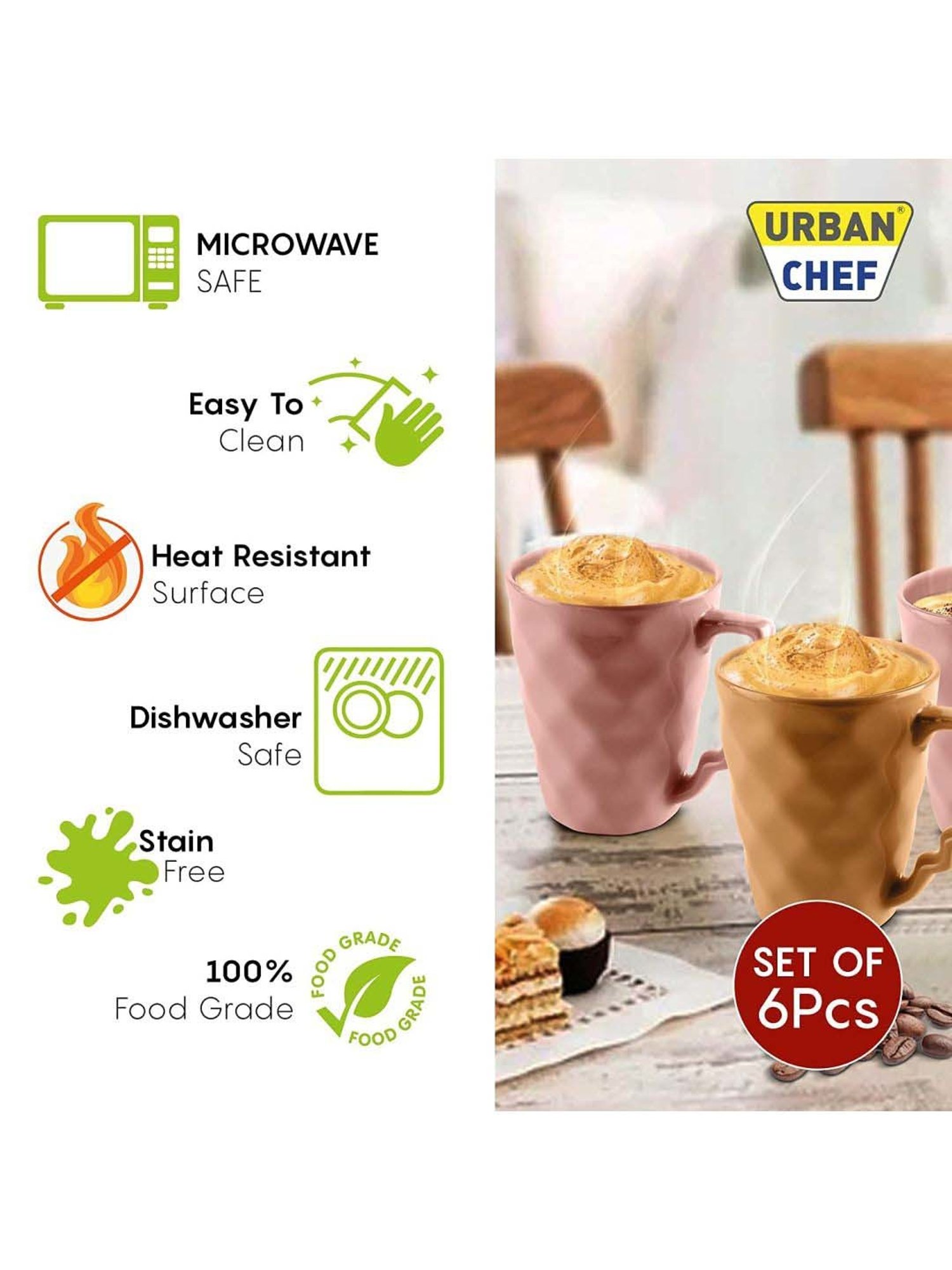Urban Chef Pink & Brown Ceramic Microwave Safe Coffee Mug (0.225 L) - Set of 6
