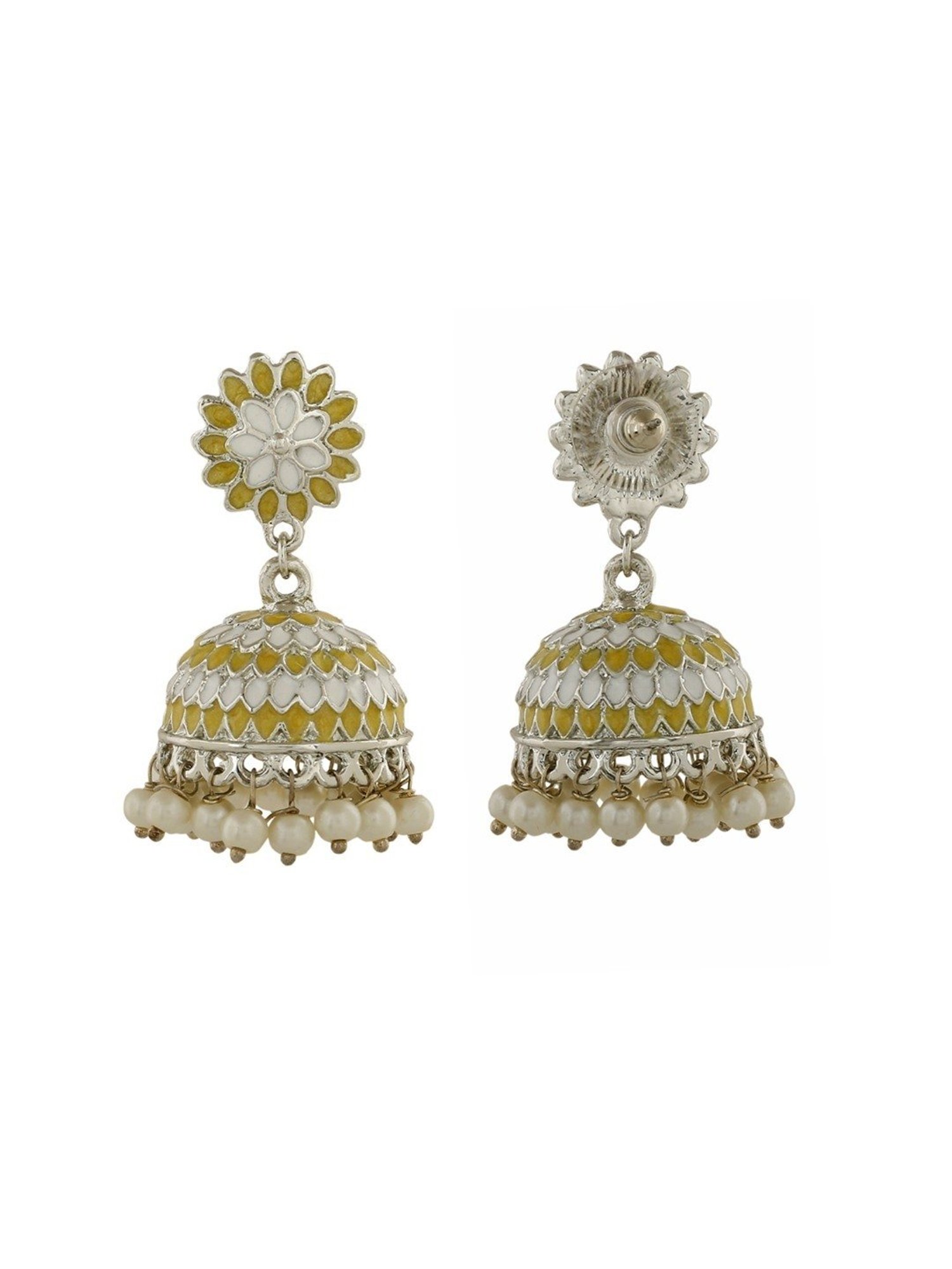 Estele Rhodium-Plated Traditional Yellow & White Meenakari Jhumki Earrings