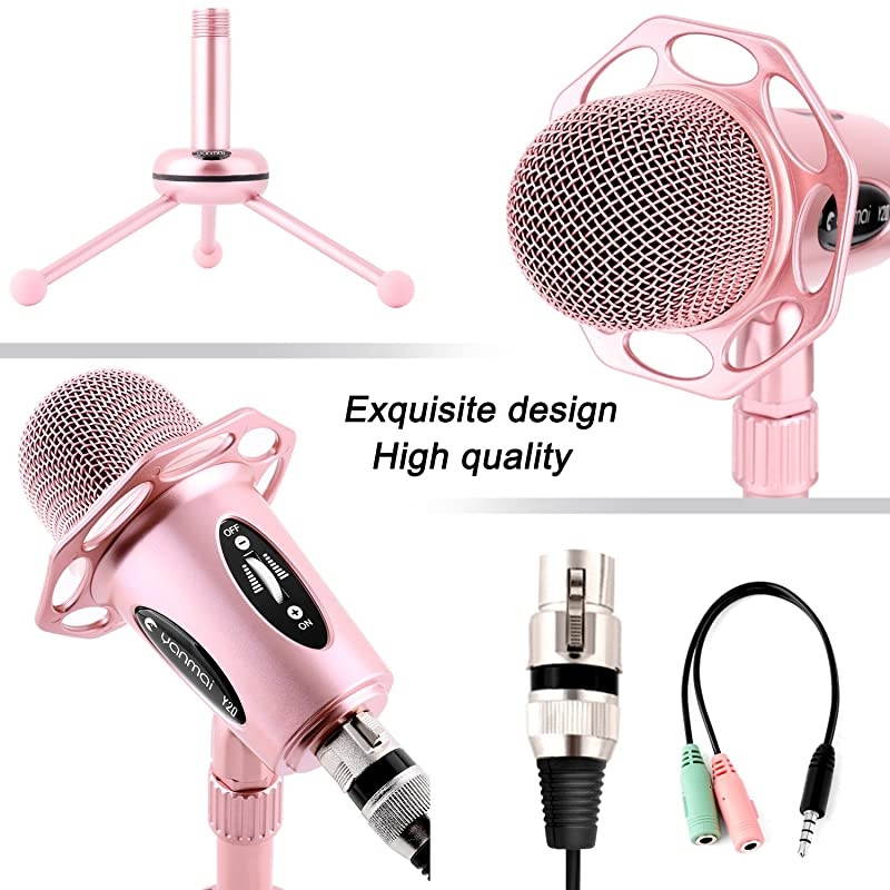 Professional Condenser Microphone  Plug Play Microphone with Tripod for PC Computer Phone for Games Podcast Broadcasting Rose Gold