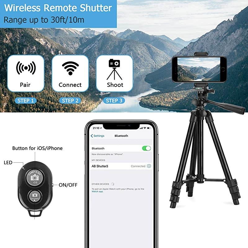 Compatible for Tripod for iPhone X 42quot Lightweight Aluminum Camera Tripod Stand with Center Column + Wireless Remote + Universal Smartphone Holder Compatible for iPhone 11 Pro Max amp More
