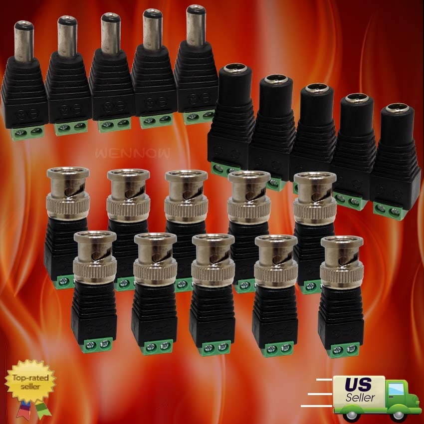 WennoW 5 Pcs 2.1x5.5mm Male Jack+5 Pcs Female Power Adapter+10 Pcs BNC Male Video Balun