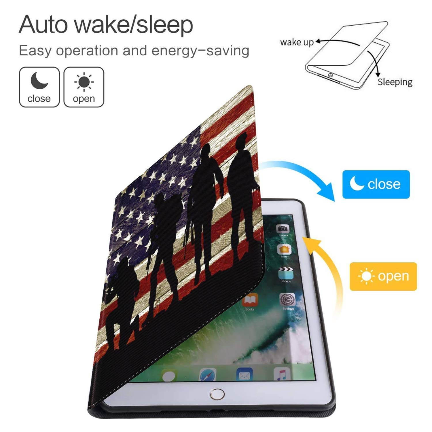 iPad 9.7 inch 2018/2017 Case,Pro 9.7 Case,iPad Air 2 Case,iPad Air Case,Slim Soft Rubber Back Shockproof Protective Case with Auto Wake/Sleep for iPad 5th/6th Gen, American Flag Patriotic Soldier