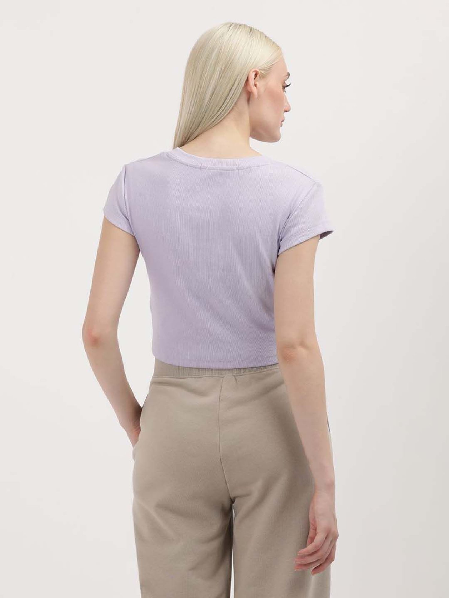 CALVIN KLEIN Purple Cotton Logo Patch Work Crop T-Shirt