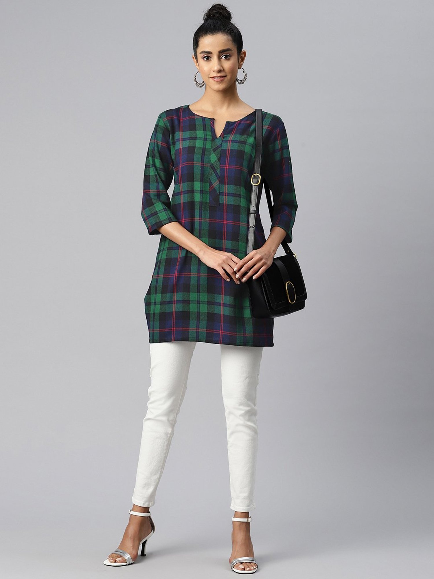 One Femme Green & Blue Check A Line Kurti