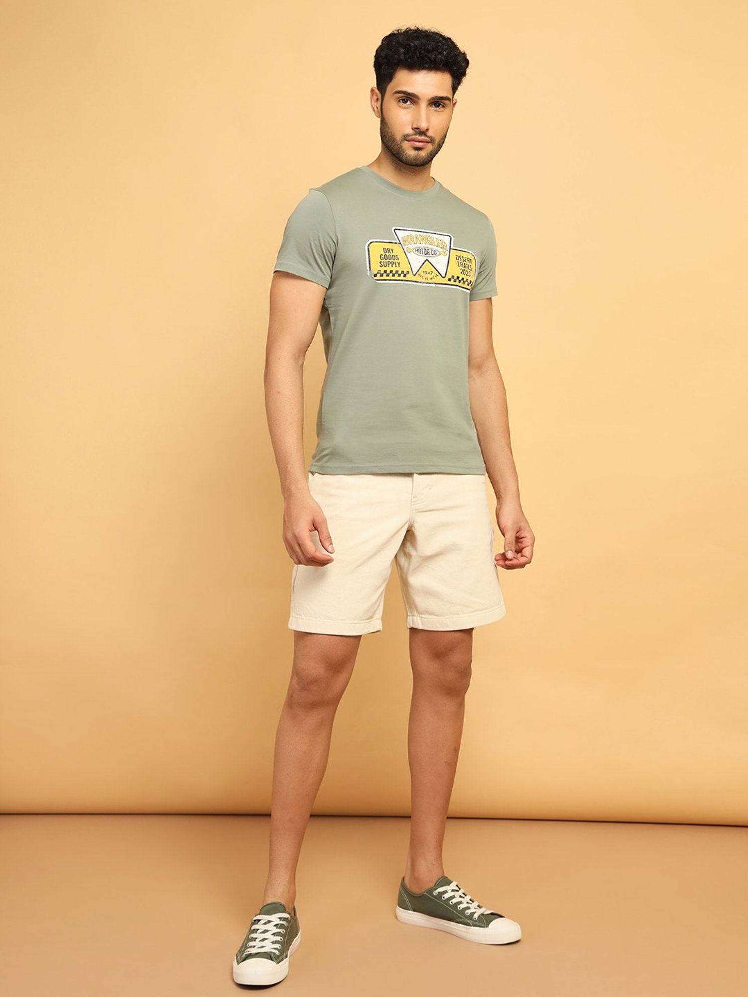 Wrangler Light Olive Regular Fit Graphic Print Cotton Crew T-Shirt