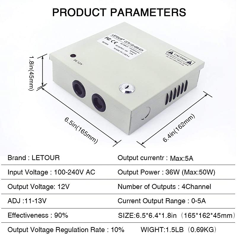 CCTV Power Supply 4CH Channel Port Box  Distributed Power Supply for CCTV DVR Security System and Cameras Output 12V5A Maximum