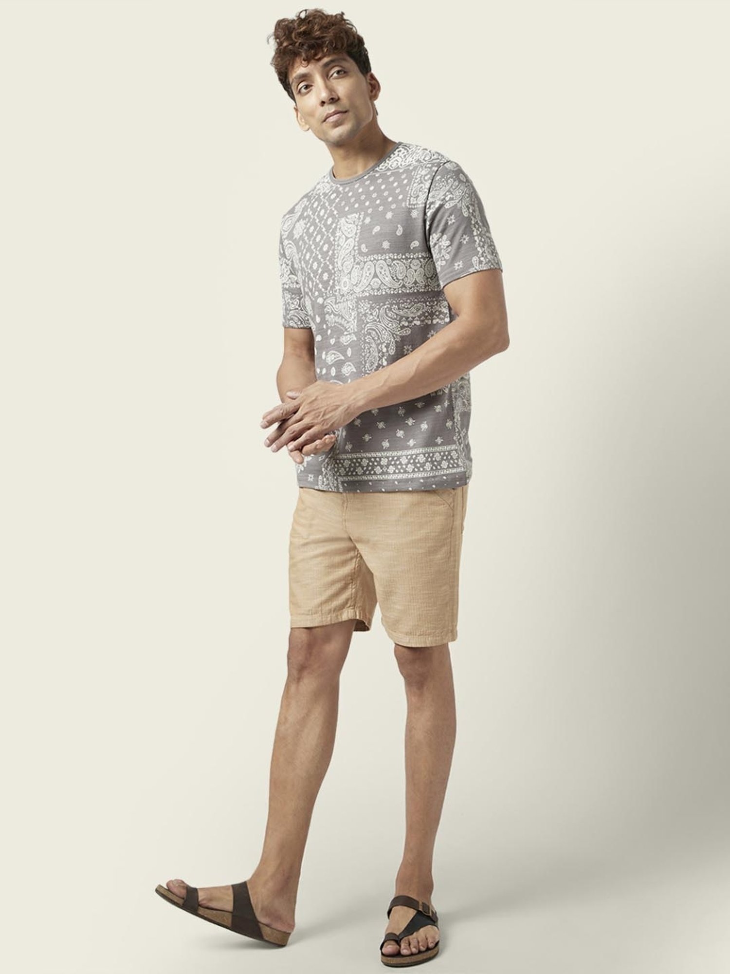 7 Alt by Pantaloons Medium Grey Cotton Relaxed Fit Printed T-Shirt