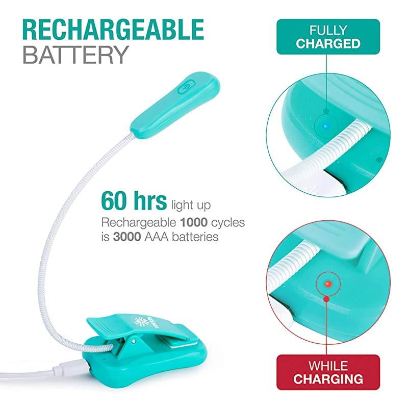 LuminoLite Rechargeable Book Light, 3 Colortemperature &times; 3 Brightness, Reading Lights for Reading in Bed. Up to 70 Hours Lighting. Perfect Gift for Bookworms, Kids & Travel. (Turquoise)