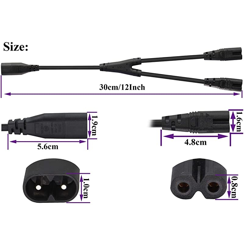 2 Pack IEC 320 C8 to Dual C7 Y Splitter Power AC Adapter Cable10A 125V Figure 8 Male to Double Female IEC C7 to C8 AC Converter Polarized Cable for LED TV etc 03m1ft C8 to 2C7