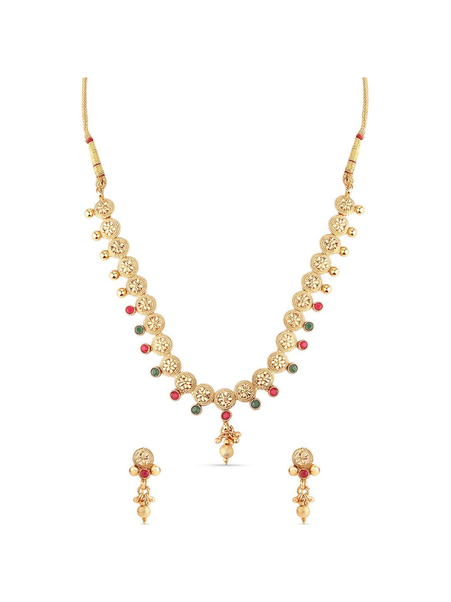 Fida Ethnic Gold-Plated Red & Green Stone Studded Floral & Ghungroo Temple Necklace Set for Women