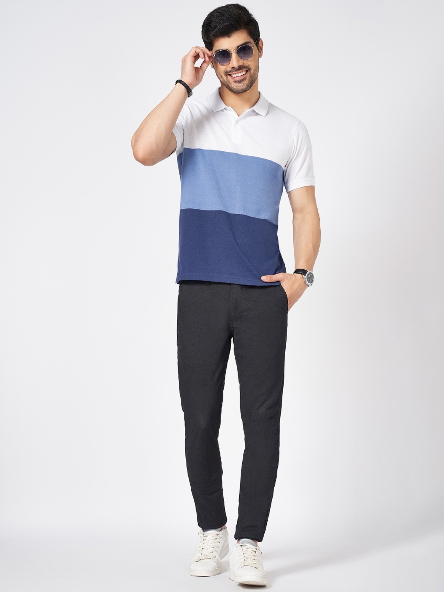 Byford By Pantaloons Blue Slim Fit Colour Block Polo T-Shirt