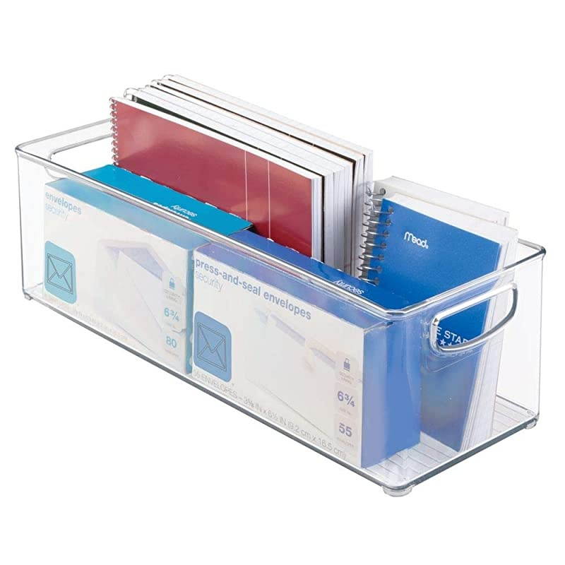 Large Stackable Plastic Storage Bin Container, Home Office Desk and Drawer Organizer Tote with Handles - Holds Gel Pens, Erasers, Tape, Pens, Pencils, Markers - 16" Long, 4 Pack - Clear