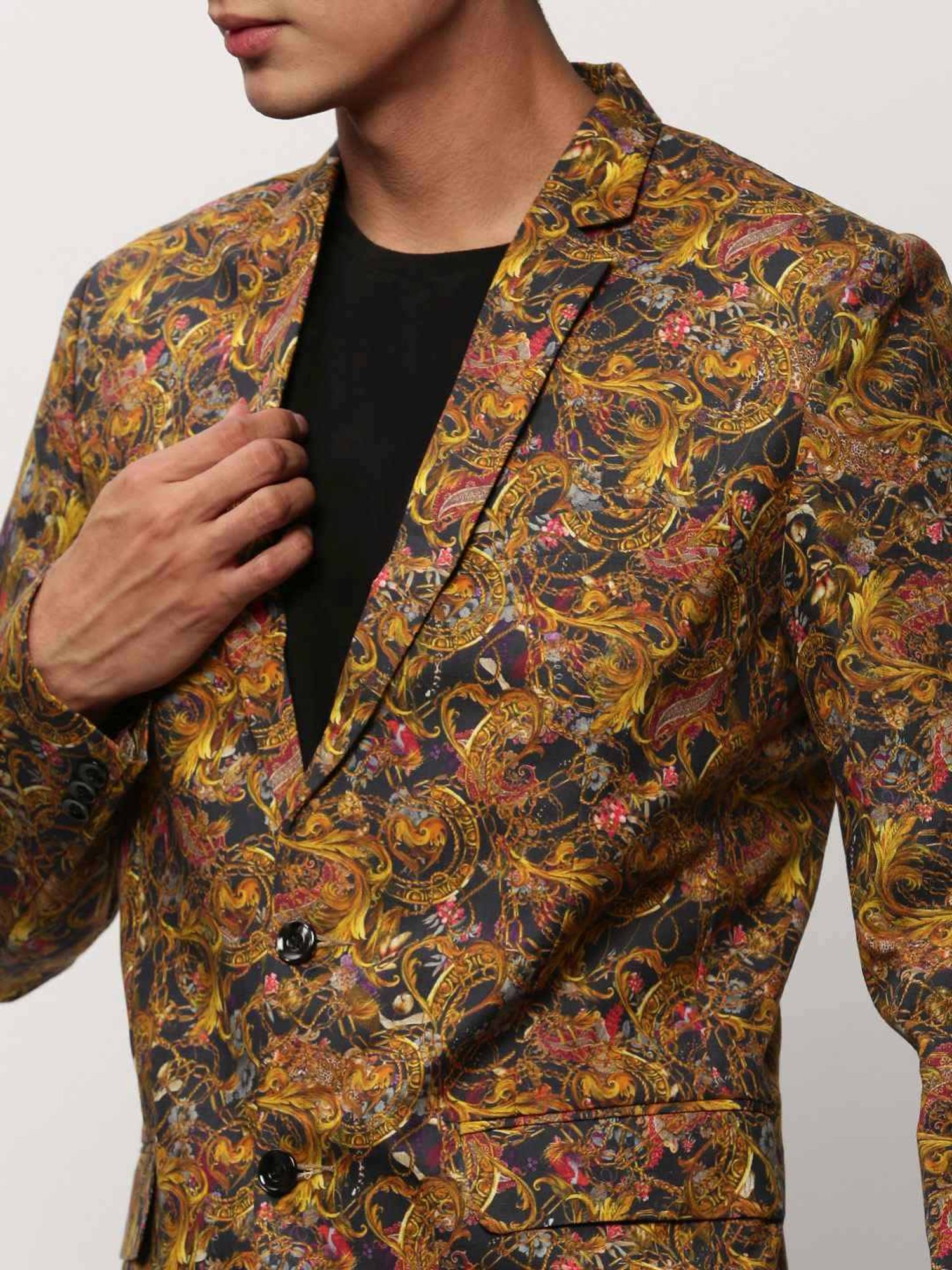 SHOWOFF Mustard Slim Fit Printed Blazer
