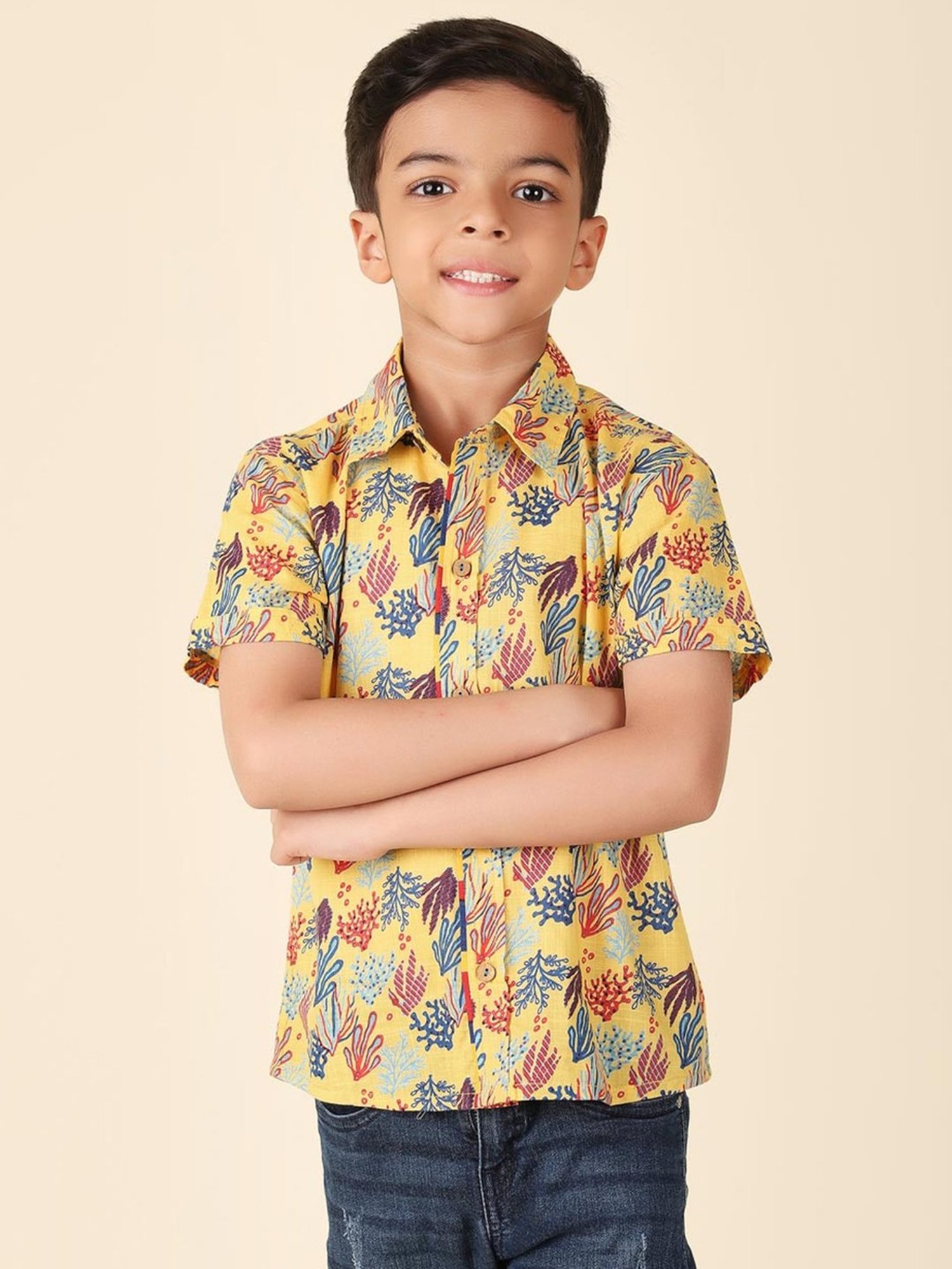 Fabindia Kids Yellow & Blue Cotton Printed Shirt