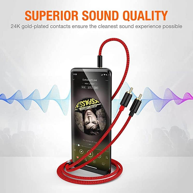 2 Pack RCA Cable  RCA to 35mm 6ft 18M HiFi Sound NylonBraided RCA to AUX Audio Cable Compatible with DJ Controller Speaker Turntable TV Car Stereo HiFi Amplifer Phone Red