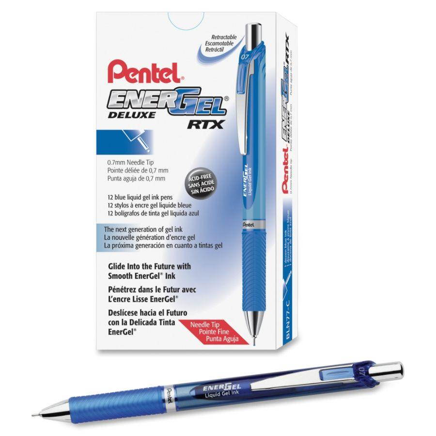 Pentel Gel Pen Retractable Metal Tip .7mm 12/BX Blue Barrel/Ink BLN77CDZ