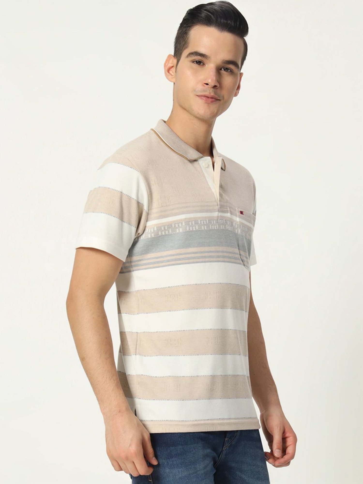 Tab91 Beige Regular Fit Striped Polo T-Shirts