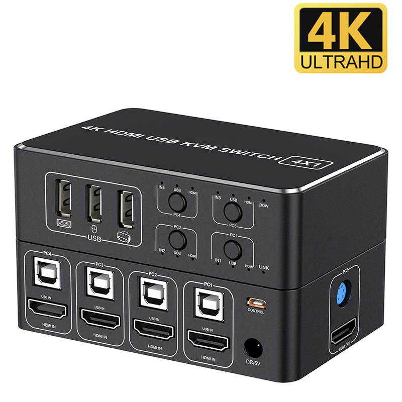 4 in 1 Out KVM Switch Box Keyboard Mouse Printer Switcher Include 4 USB Type-B Cable Support 4K@60Hz, EDID/HDCP 2.2 3D for Laptop PS4 Xbox one HDTV Monitor