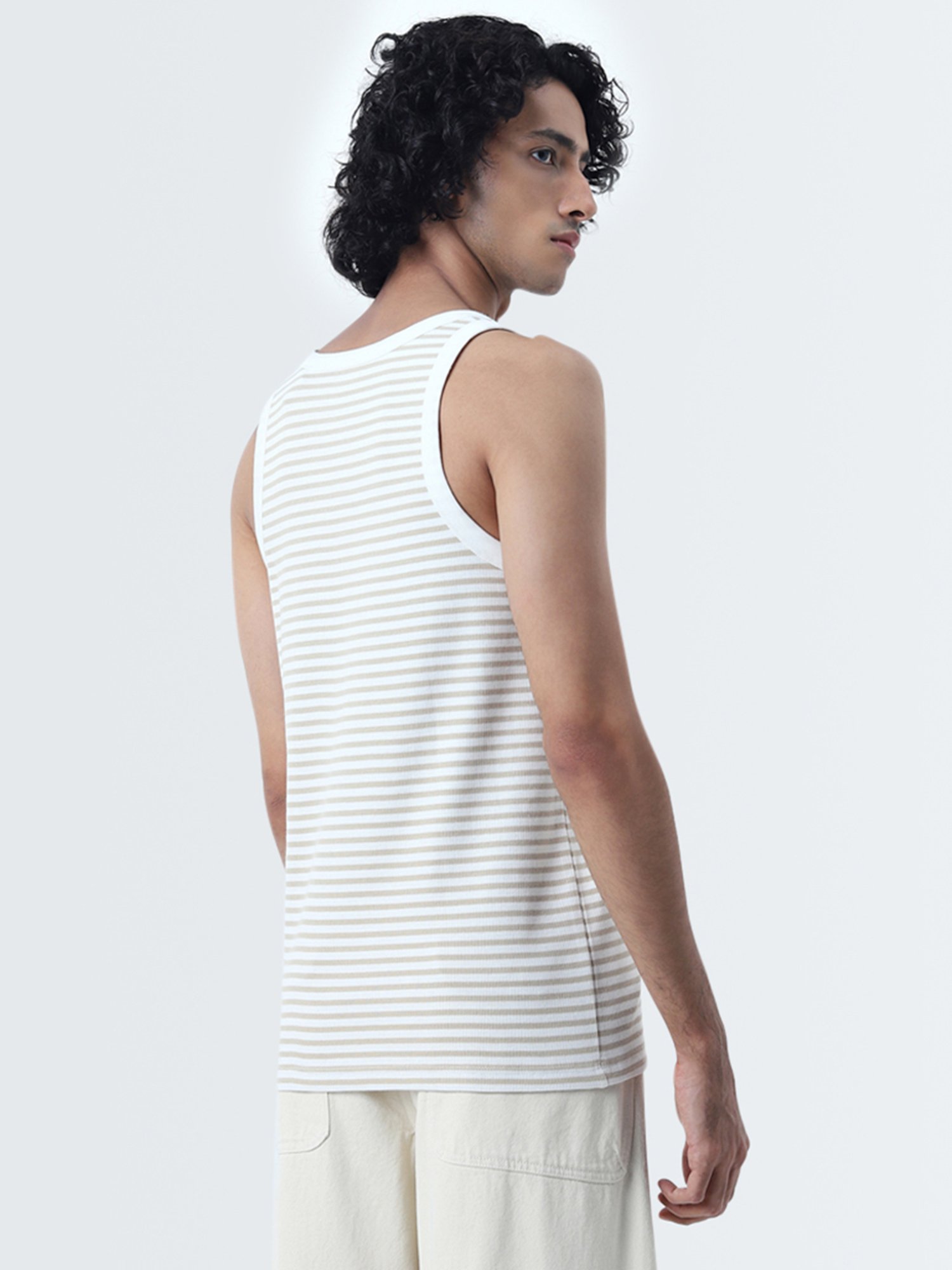Nuon by Westside Beige Striped Slim-Fit Cotton Blend Vest